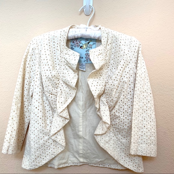 Tabitha Jackets & Blazers - Tabitha Beige Eyelet Ruffle Jacket Blazer Sz 0
